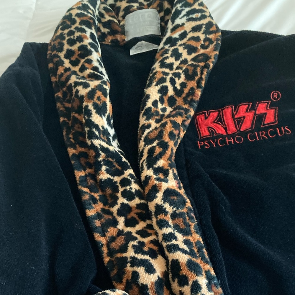 Vintage 1990s KISS Bath Robe Black and Leopard Print